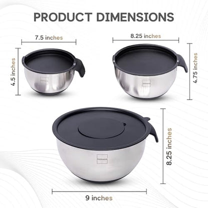Robinesse Stainless Steel Mixing Bowls Set of 3, Large Nesting Bowls with Airtight Lids for Food Prep, Cooking, Baking, Salad, and Outdoor Dining (Black, 3 Pcs)