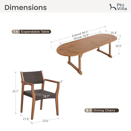 PHI VILLA 7 Pieces Acacia Wood Outdoor Dining Set for 6, Expandable Teak Wooden Table & Chairs, Large Farmhouse Furniture Set for Patio, Deck, Yard, Porch