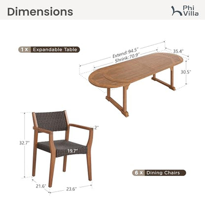 PHI VILLA 7 Pieces Acacia Wood Outdoor Dining Set for 6, Expandable Teak Wooden Table & Chairs, Large Farmhouse Furniture Set for Patio, Deck, Yard, Porch