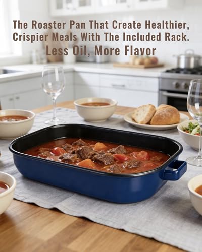 MCCSI Roasting Pan for Oven with Rack 6-Piece Enamel Deep Lasagna Baking Dish 14&17 Inch, 572°F High Temp Resistance Dishwasher Safe Non-Stick Easy-To-Clean, Large Turkey Ham Roaster Mothers Day Gift