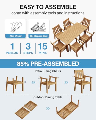 YEFU HIPS Patio Table Set: 7 Piece Outdoor Table and Chairs Dining Furniture Set with Umbrella Hole - Teak Modern Plastic Dining Sets 6 Person for Outside Deck with Metal Aluminum Frame