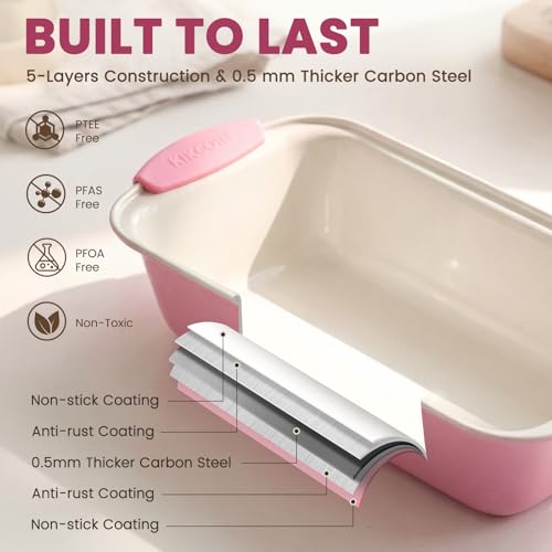 Kikcoin 22 PCS Nonstick Baking Pans Set, Stackable Bakeware Sets with Silicone Handles, 450°F Oven Safe Baking Sheet Set, Easy Release Cookie Sheets for Baking, Pink
