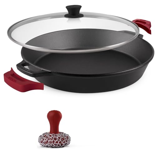 Cuisinel Cast Iron Skillet + Glass Lid + Red Chainmail Scrubber - 15"-Inch Dual Handle Braiser Frying Pan + Silicone Handle Covers - Pre-Seasoned Oven Cookware - Indoor/Outdoor. PFAS and PFOA-free