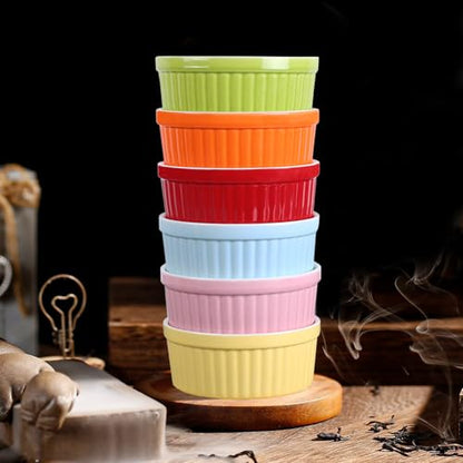 YAZYLIFE Ramekins 8oz,Ramekins for Creme Brulee and Souffle Dishes,Porcelain Oven Safe Baking Bowls,Pudding Cups,Dipping Sauce Dish,Set of 6,Color
