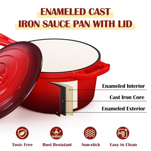 E-far Enameled Cast Iron Sauce Pan, 2 Quart Dutch Oven Saucepan with Lid, Small Sauce Pot for Cooking, Boiling, Healthy & Non Toxic, Induction & Oven Safe, Red