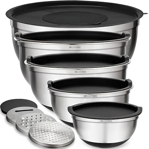 Belwares Mixing Bowls with Lids Set of 5 - Stainless Steel Mixing Bowl Set, Kitchen Nesting Metal Bowls with Non Slip Bottoms + 3 Grater Attachments, Airtight Lids, Food Prep + Storage, Matte Black