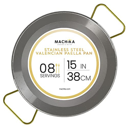 Machika 15 inch Stainless Steel Paella Pan, 38 cm Stainless Steel Large Skillet From Spain, Great for Paella Parties Indoors, Outdoors, Camping & More, Imported Spanish Paellera, Made by Garcima
