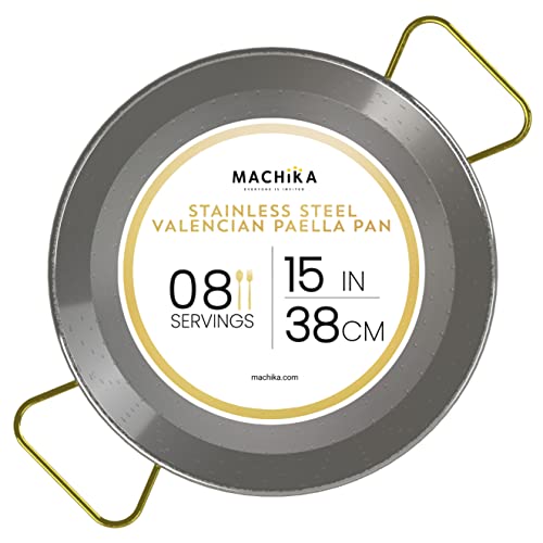 Machika 15 inch Stainless Steel Paella Pan, 38 cm Stainless Steel Large Skillet From Spain, Great for Paella Parties Indoors, Outdoors, Camping & More, Imported Spanish Paellera, Made by Garcima
