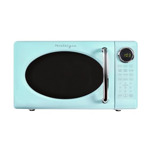 Nostalgia Retro Microwave Oven - 0.7 Cu Ft, 700-Watt Countertop Size with Glass Turntable, Child Safety Lock, 8 Auto-Cook Programs, Digital Clock - Aqua