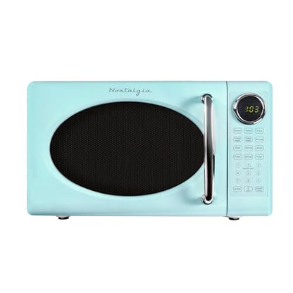 Nostalgia Retro Microwave Oven - 0.7 Cu Ft, 700-Watt Countertop Size with Glass Turntable, Child Safety Lock, 8 Auto-Cook Programs, Digital Clock - Aqua