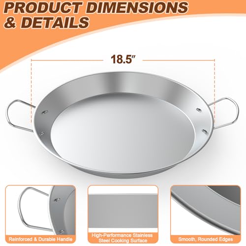 Stainless Steel Paella Pan with Handles, 18.5in Round Grill Griddle for TIKI Solo Stove Cuisinart Fire Pit Kamado Charcoal Grill Weber Kettle and More, Oven and Induction Safe for Indoor & Outdoor Use
