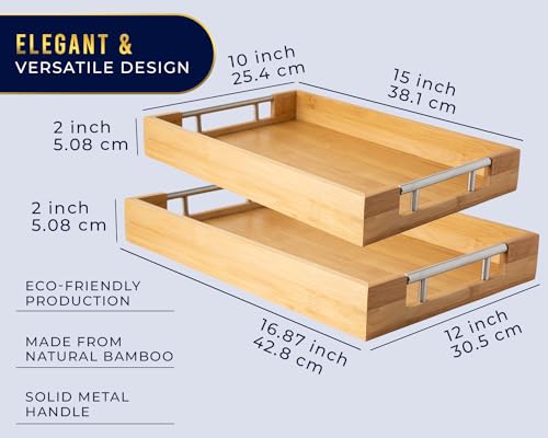 Comfify Decorative Bamboo Serving Trays with Silver Stainless Steel Handles – 2-Piece Set for Coffee Table, Ottoman, Breakfast in Bed, Jewelry & Decor Organization – 12"x17" – Pure Bamboo Finish