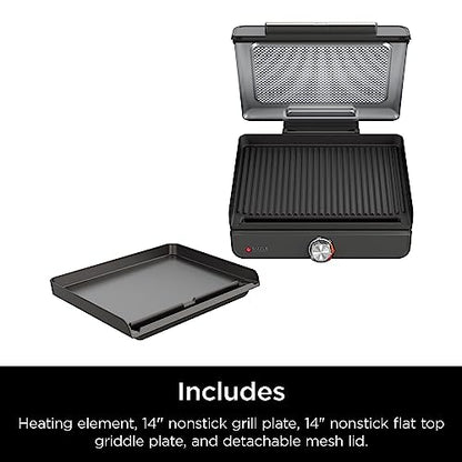Ninja GR101 Sizzle Smokeless Indoor Grill & Griddle, 14′′ Interchangeable Nonstick Plates, Dishwasher-Safe Removable Mesh Lid, 500F Max Heat, Even Edge-to-Edge Cooking, Grey/Silver (Renewed)