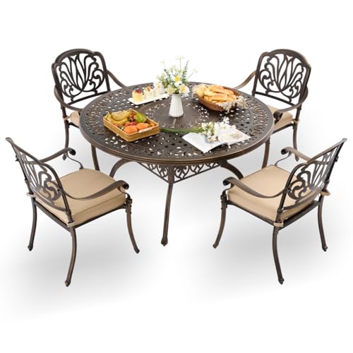 AIWOEN 5-Piece Cast Aluminum Patio Furniture, Outdoor Dining Sets for 4 Include 54" Round Patio Dining Table and 4 Stackable Chairs with Cushions & Umbrella Hole (Bronze)
