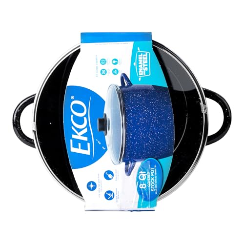 EKCO EOS 8-Quart Speckled Stockpot with Glass Lid (Black) Soup Pot for All Ranges, Dishwasher & Oven Safe up to 350°F - Non-Reactive Enameled Interior Pot for Gumbo, Stew, Boil, Pasta, Chili
