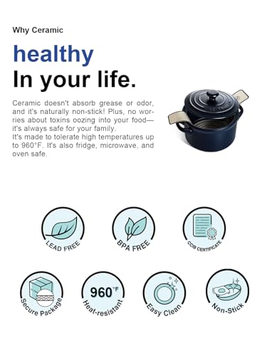 LE TAUCI 3 qt Ceramic Dutch Oven for Bread Baking with Silicone Sling- Lightweight, Non-Toxic, No Seasoning Needed- Oven, Microwave & Dishwasher Safe, Ideal for Home Bakers & Beginners, Midnight Blue
