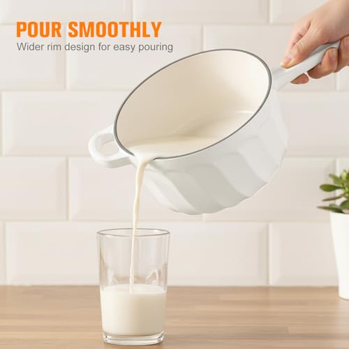 NSIRONS Enameled Cast Iron Sauce Pan, 2 Quart Saucepan with Lid, Small Cast Iron Pot Enamel Saucepan for Cooking Pasta Sauce, Gravy, Puddings, Marinate, Boiling (White)