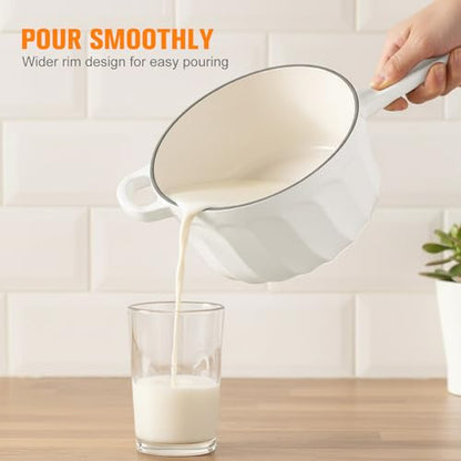 NSIRONS Enameled Cast Iron Sauce Pan, 2 Quart Saucepan with Lid, Small Cast Iron Pot Enamel Saucepan for Cooking Pasta Sauce, Gravy, Puddings, Marinate, Boiling (White)