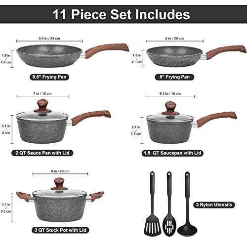 M MELENTA Granite Pots and Pans Set Non Stick, 11 Piece Die-Cast Induction Cookware Set, Nonstick Kitchen Cooking Set w/Frying Pans & Saucepans, PFOA Free