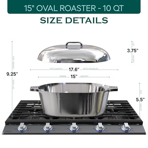 MAGNAWARE Cast Aluminum Oval Dutch Oven with Lid - 10 QT Heavy Duty & Lightweight Roaster Pan with Rack & Silicone Cover Dual Handles — Cajun Cookware for Roasting, Baking, Cooking (15" - Large)