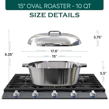 MAGNAWARE Cast Aluminum Oval Dutch Oven with Lid - 10 QT Heavy Duty & Lightweight Roaster Pan with Rack & Silicone Cover Dual Handles — Cajun Cookware for Roasting, Baking, Cooking (15" - Large)