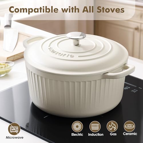SENSARTE Enameled Cast Iron Dutch Oven Pot with Lid 3.5/5.5/6.5 Quart Heavy-Duty Round Dual Handles Kitchen Pot with Cotton Potholders & Silicone Trivet, Pot for Bread Baking, Stews, Braising, Roasting, Oven Safe, 3.5Quart, White