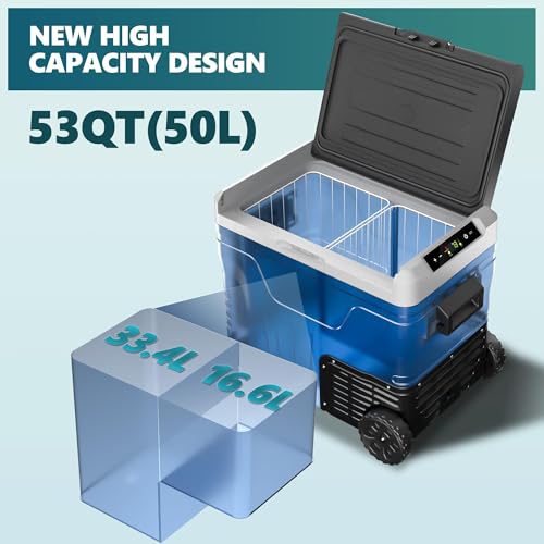 EUHOMY 12 Volt Refrigerator, 53QT(50L) Electric Cooler, Portable Freezer 12V/24V DC 100-240V AC, 12V Fridge -4℉~68℉, 12V Cooler with Wheels & 2 Baskets for Travel,Camping,Truck,Boat