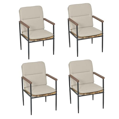 HAPPATIO Aluminum Patio Dining Chairs Set 4 Pieces, All-Weather Wicker Rattan Outdoor Dining Chairs with Wooden Armrests & Cushions, Classic Outdoor Seating for Garden, Lawn, Backyard