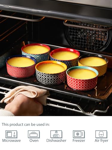 DOWAN Ramekins with Lids 4 oz Oven Safe for Creme Brulee Souffle, Ceramic Custard Cups for Baking, Small Bowls for Pudding Dip Ice Cream, Set of 6, Vibrant Colors