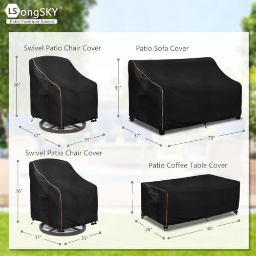 Patio Furniture Covers 4 Piece Set, 600D Heavy Duty Outdoor Furniture Covers Waterproof for Patio 3-Seater Sofa,Swivel Rocker Chair and Coffee Table Furniture Set,Black,XX-Large