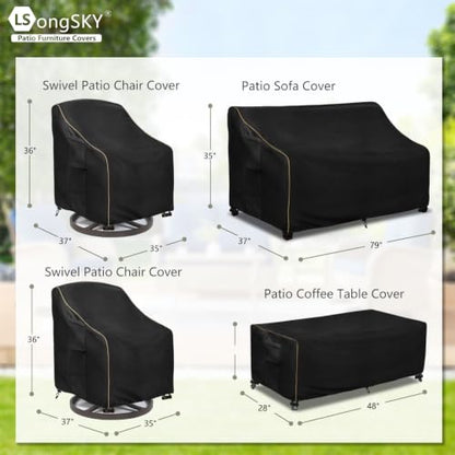 Patio Furniture Covers 4 Piece Set, 600D Heavy Duty Outdoor Furniture Covers Waterproof for Patio 3-Seater Sofa,Swivel Rocker Chair and Coffee Table Furniture Set,Black,XX-Large