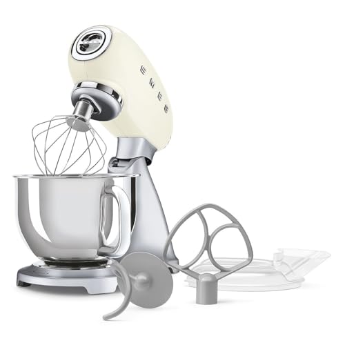 SMEG SMF04 5-Qt Stand Mixer with Smooth Start & SteadyMix, 600W Motor, 10 Speeds, Stainless Steel Bowl & Pour Shield – Retro 50’s Style Planetary Mixer for Bread Dough, Baking & Desserts-Cream