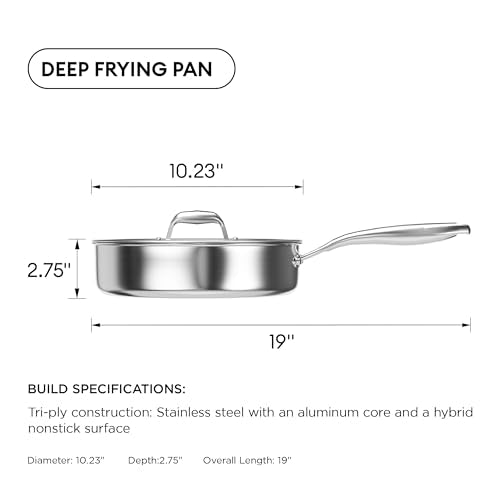 COOKER KING 3.6-Quart Hybrid Stainless Steel Sauté Pan with Lid, 10" Tri-Ply Clad Deep Frying Pan, Non-Stick & Non-Toxic Skillet for Egg, Cake, Seafood, Induction Compatible, Oven & Dishwasher Safe