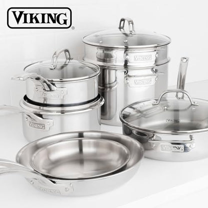 Viking 3-Ply Stainless Steel 11-Piece Cookware Set with Vented Glass Lids, Fry Pans, Saucepans, Saute Pan, Stock Pot with Strainer Insert, Oven Safe up to 600F