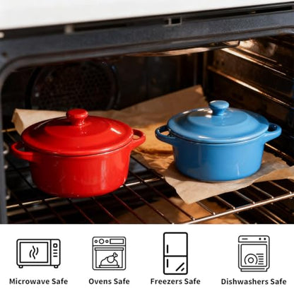 Odowalker 6 Pack Mini Cocotte with Lids, 8 OZ Ceramic Ramekins with Lid and Handles, Round Small Casserole Dishes, Small Baking Individual Serving Pot for Lasagna, Souffle, Soup, Oven Safe, 6 Colors