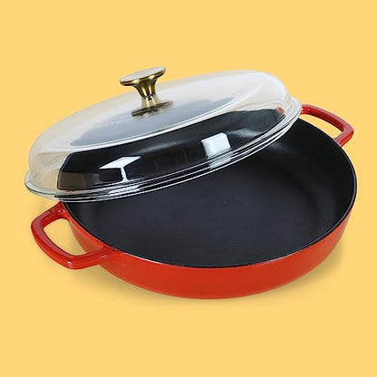 Sur La Table Kitchen Essentials Supper Club 3.75 Quart Enamel Cast Iron All In One Multi-Purpose Non-Toxic Nonstick Braiser Pan W/Borosilicate Glass Lid - Red