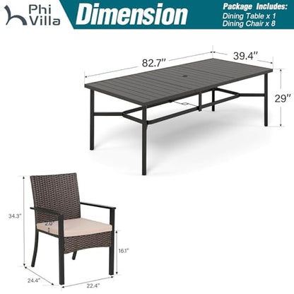 PHI VILLA 9 Piece Patio Dining Set, 83" Rectangular Table, Rattan Chairs