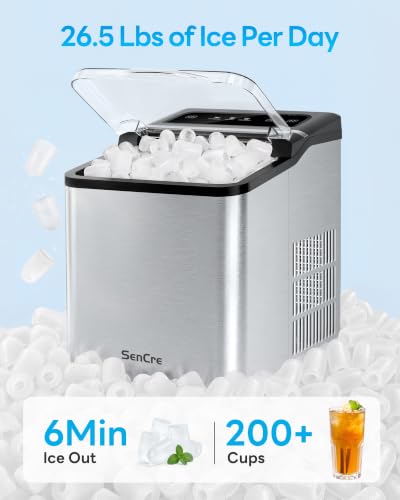 Sencre Ice Makers Countertop, 26.5Lbs/24H Ice Machine with 2 Sizes Bullet Ice, 9 Ice Cubes Release in 6 Mins, Self-Cleaning Portable Ice Maker with Ice Scoop and Basket for Home Kitchen Office Bar RV