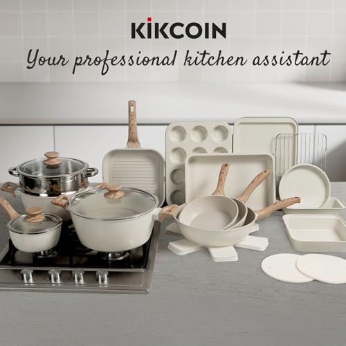 Kikcoin Pots and Pans Set Non Stick 31 Piece Kitchen Nonstick Cooking Cookware Sets with Grill Pan Saucepan Baking Sheet Utensil, Cream White