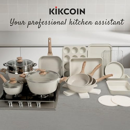 Kikcoin Pots and Pans Set Non Stick 31 Piece Kitchen Nonstick Cooking Cookware Sets with Grill Pan Saucepan Baking Sheet Utensil, Cream White