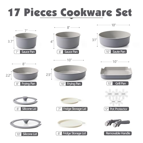SENSARTE 17 Piece Ceramic Pots and Pans Set, Nonstick Detachable Handle Cookware, Induction Kitchen Cookware Set with Removable Handle, Dishwasher ＆ Oven Safe (Gray)