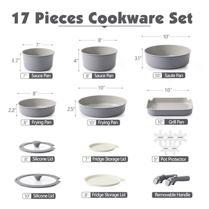 SENSARTE 17 Piece Ceramic Pots and Pans Set, Nonstick Detachable Handle Cookware, Induction Kitchen Cookware Set with Removable Handle, Dishwasher ＆ Oven Safe (Gray)