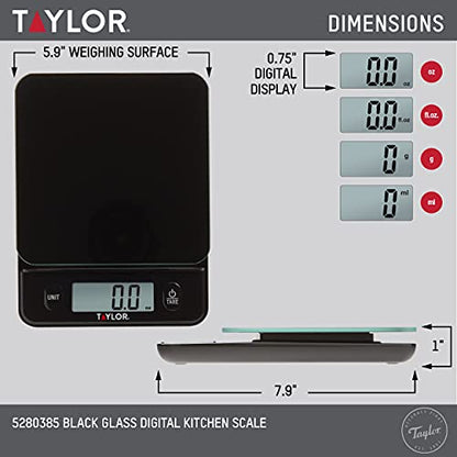 Taylor Glass Top Food Scale with Touch Controls, 11 lb Capacity, Sleek Black Design for Precision Food Measurement in Grams and Ounces