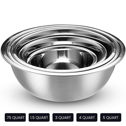 WHYSKO Stainless Steel Mixing Bowl Set, 10 Piece Stainless Steel Mixing Bowls with Lids Set for Food Prep Storage and Serving, Dishwasher Safe for Kitchen Baking Cooking, Silver
