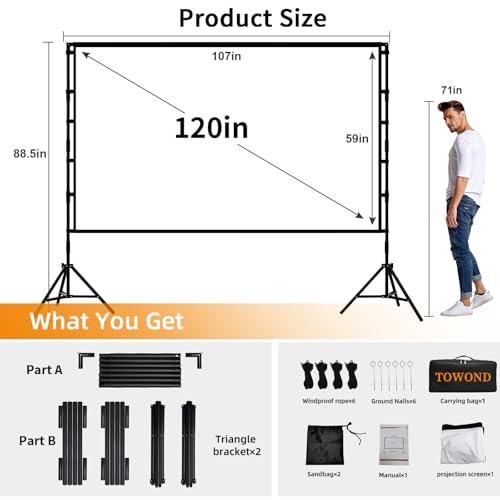 Outdoor Projector Screen with Stand, TOWOND 120 inch Projection Screen, Movie Screen 16:9 HD Foldable Anti-Crease Support Double Sided with Carry Bag for Outdoor Indoor
