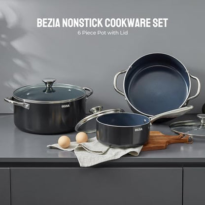 Induction Cookware Set 6-Piece, Stackable Kitchen Cooking Pots Set, 6qt 4.8qt & 2qt Pots with Lids, Dishwasher Safe & Oven Safe, Compatible with All Stoves, Black