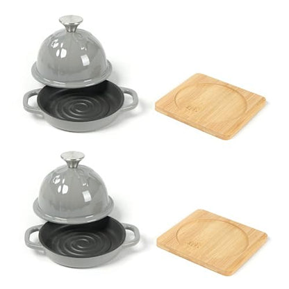 HAWOK Enameled Cast Iron Garlic Roaster with Bamboo Tray, 5-Inch, BBQ Grill Garlic Baker, Mini Cocotte, Set of 2, Grey