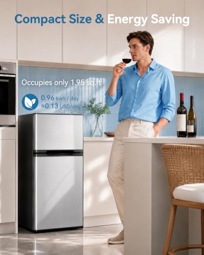 Feelfunn 2.5 Cu.Ft Mini Fridge with Freezer, 2 Door Dorm Fridge, Silver