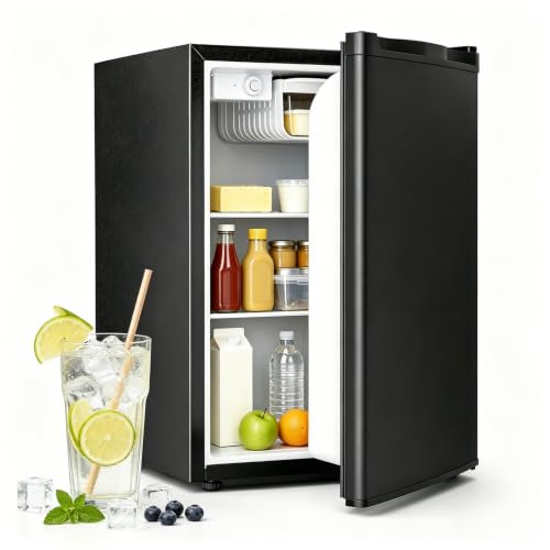 COWSAR 2.6 Cu.Ft Mini Fridge with Freezer, Freestanding Compact Refrigerator with Reversible Door & 7-Speed Thermostat, Small Fridge for Office, Apartment, Gameroom (BLACK)