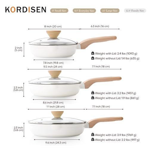 Kordisen Ceramic Nonstick Frying Pan Skillet Set with Lid, 3 Piece Ceramic Pans for Cooking Non Toxic, Healthy Induction Cookware, Stay-Cool Handle, PFOA & PFAS Free (8 Inch, 9.5 Inch, 11 Inch)